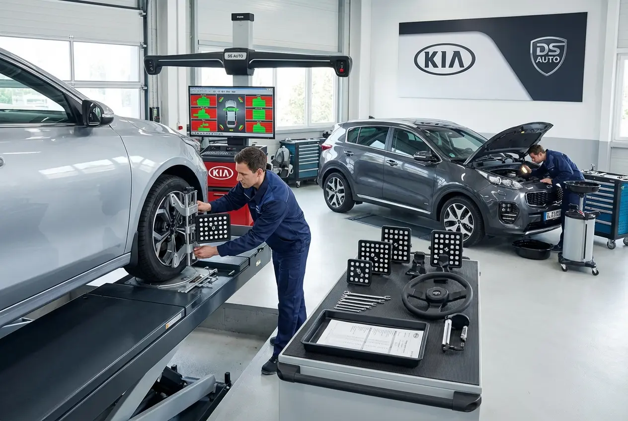 Процесс регулировки развал-схождения колес автомобиля Kia в автосервисе DS Auto в Жуковском
