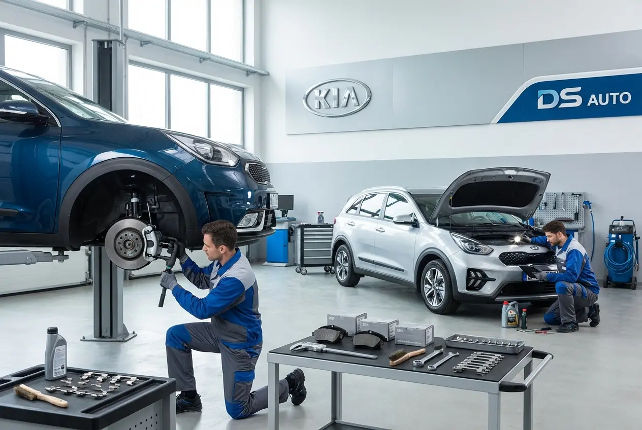 Процесс замены передних тормозных колодок KIA в автосервисе DS Auto в Жуковском
