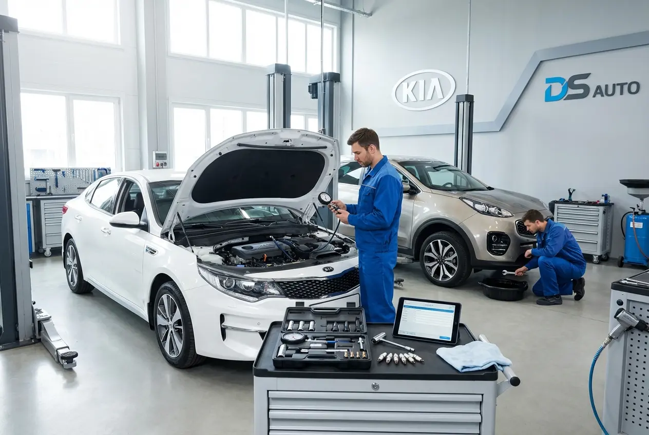 Процесс замера компрессии в двигателе KIA в автосервисе DS Auto в Жуковском
